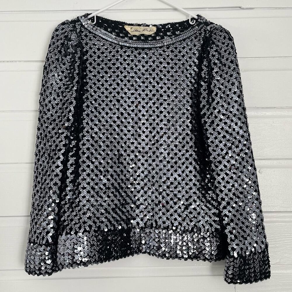 Vintage Lillie Rubin Sequin Sweater Black Knit Checkerboard Cutout Crochet ILGWU